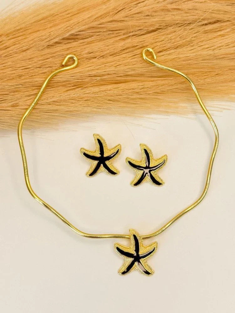 Colar Gargantilha+ Brincos Estrela do Mar Folheados a Ouro 18K
