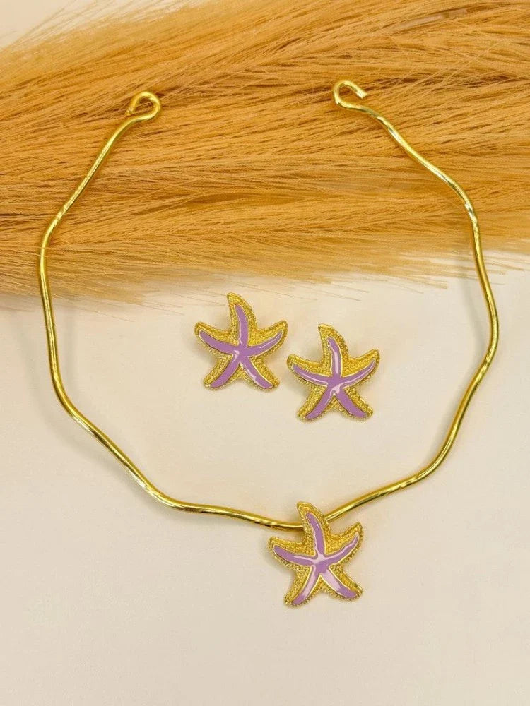 Colar Gargantilha+ Brincos Estrela do Mar Folheados a Ouro 18K