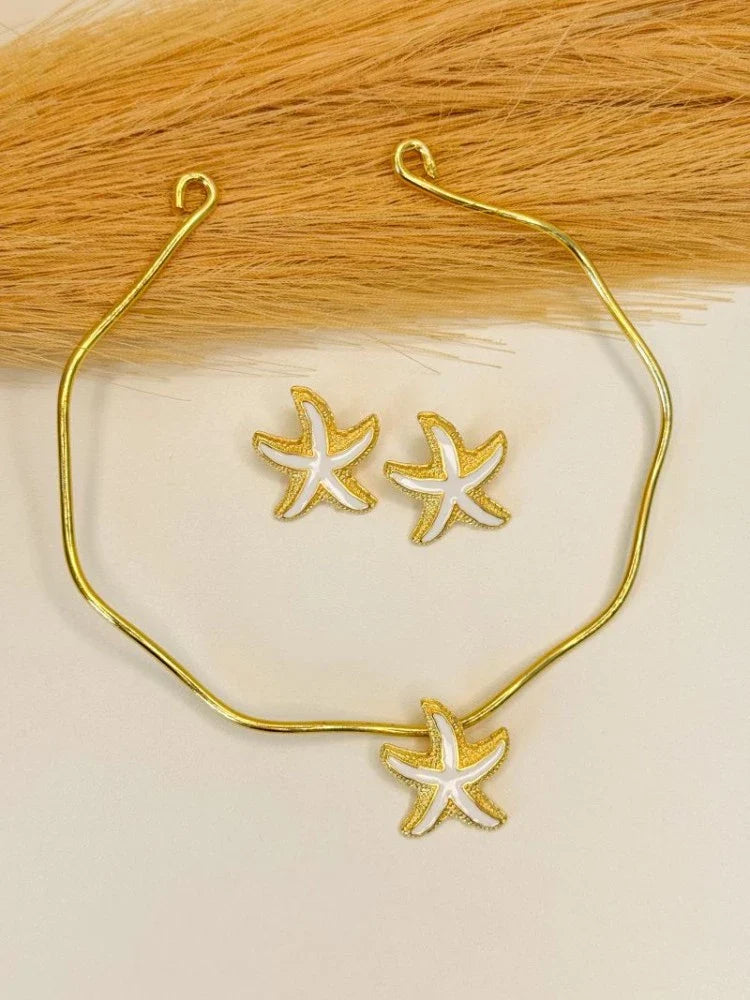 Colar Gargantilha+ Brincos Estrela do Mar Folheados a Ouro 18K