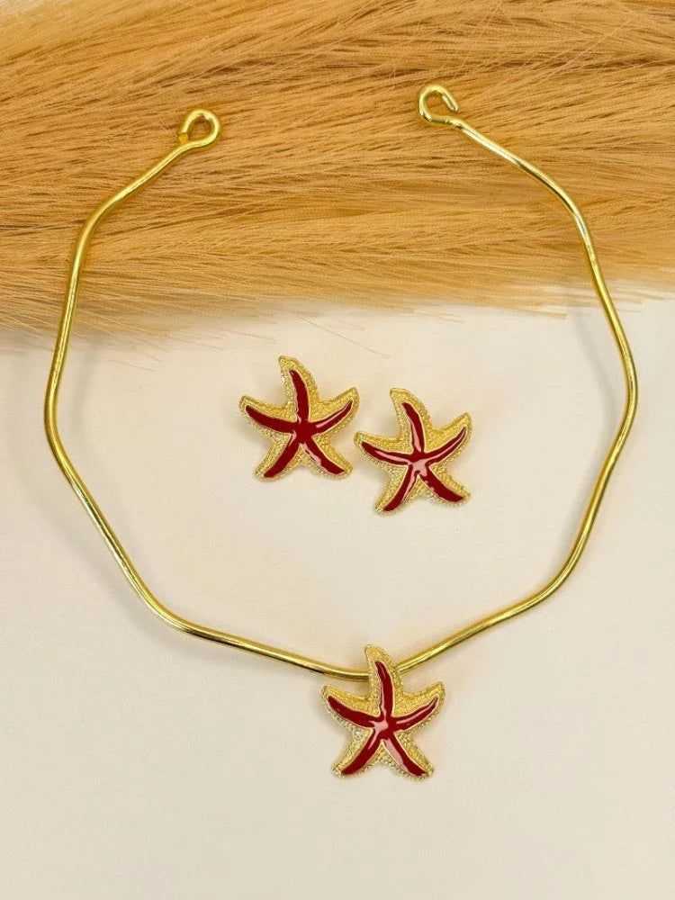 Colar Gargantilha+ Brincos Estrela do Mar Folheados a Ouro 18K