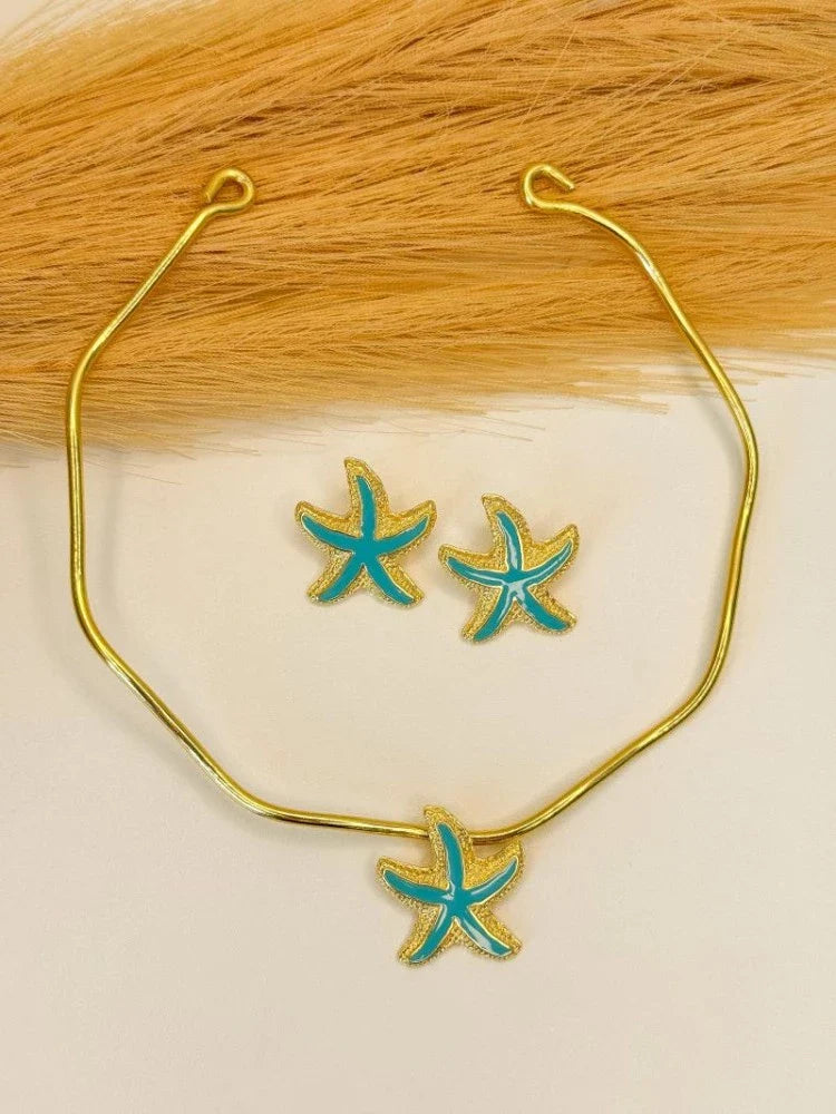 Colar Gargantilha+ Brincos Estrela do Mar Folheados a Ouro 18K