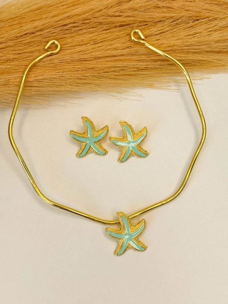 Colar Gargantilha+ Brincos Estrela do Mar Folheados a Ouro 18K