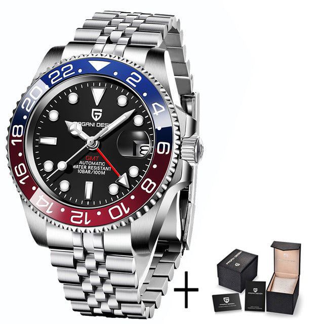 Relógio Automático Masculino Luxo GMT Vidro Safira