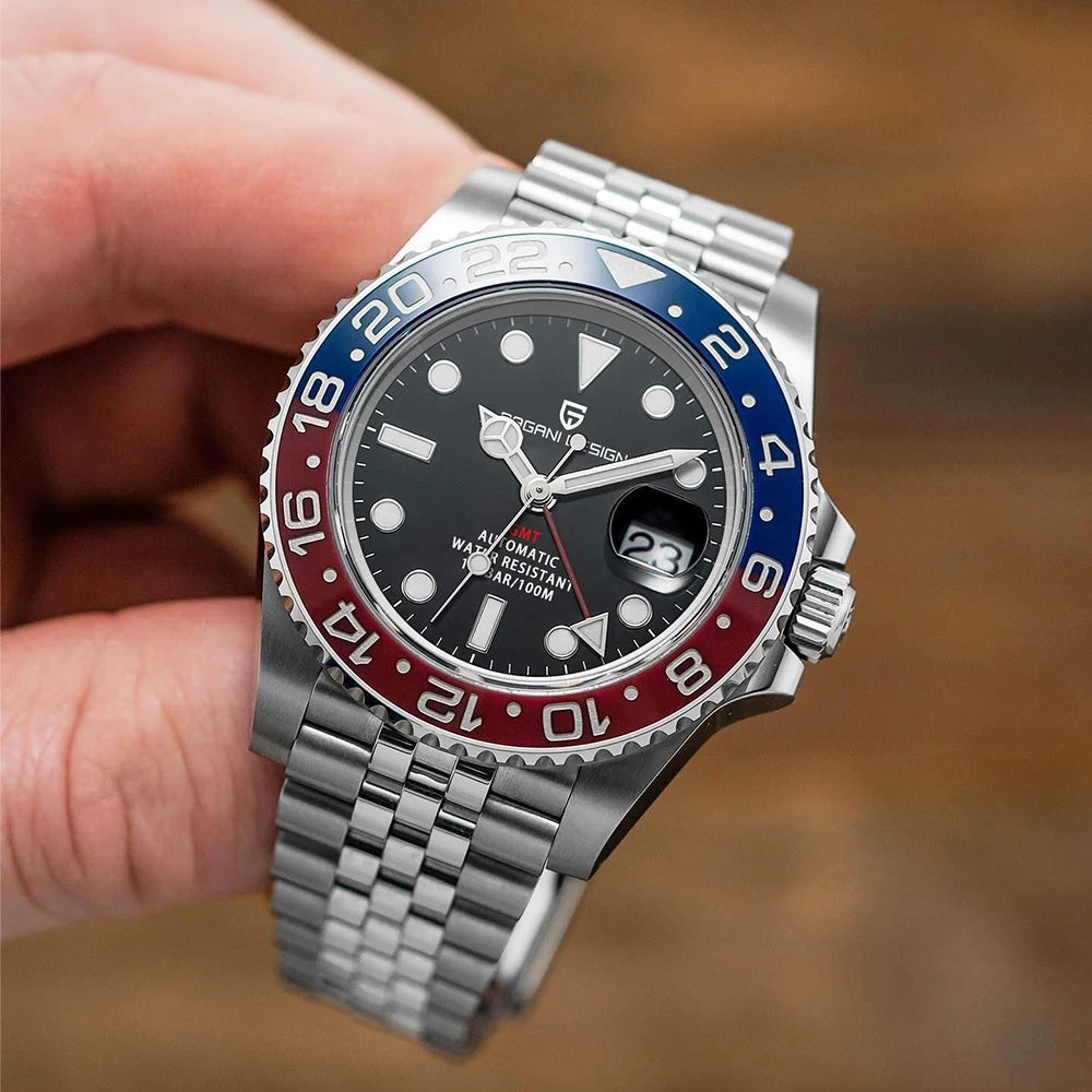 Relógio Automático Masculino Luxo GMT Vidro Safira