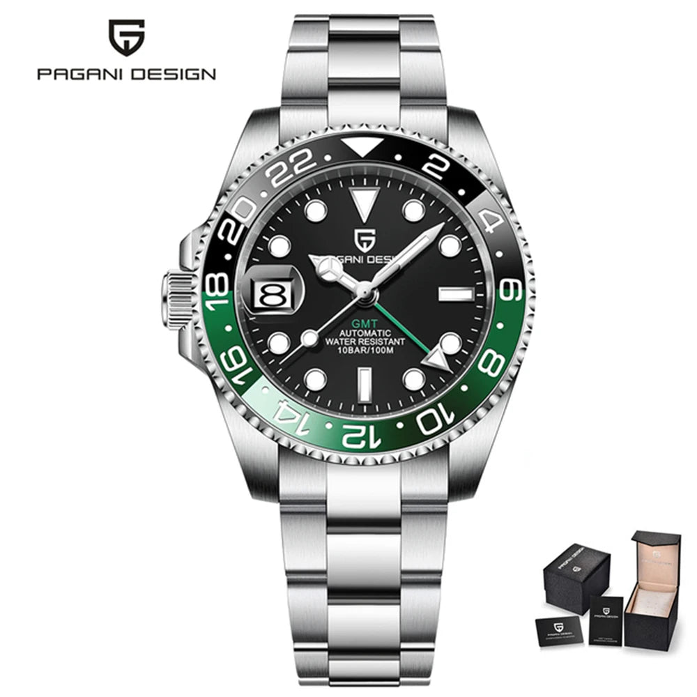 Relógio Automático Masculino Luxo GMT Vidro Safira