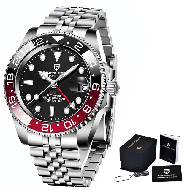 Relógio Automático Masculino Luxo GMT Vidro Safira