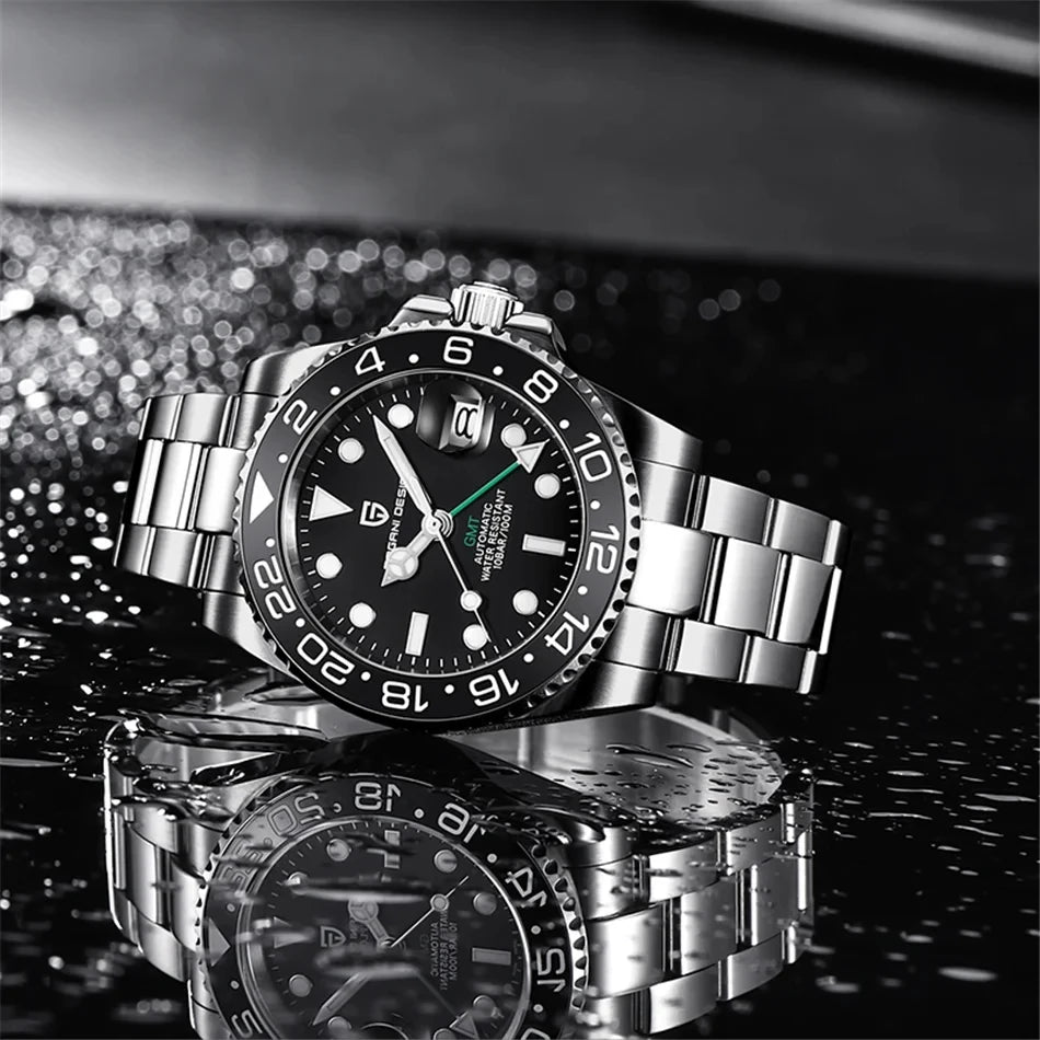 Relógio Automático Masculino Luxo GMT Vidro Safira