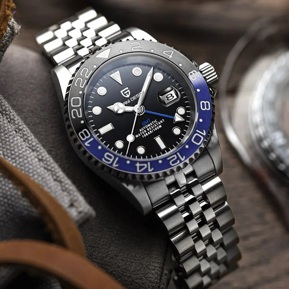Relógio Automático Masculino Luxo GMT Vidro Safira