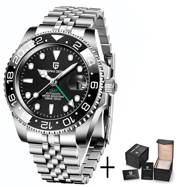 Relógio Automático Masculino Luxo GMT Vidro Safira