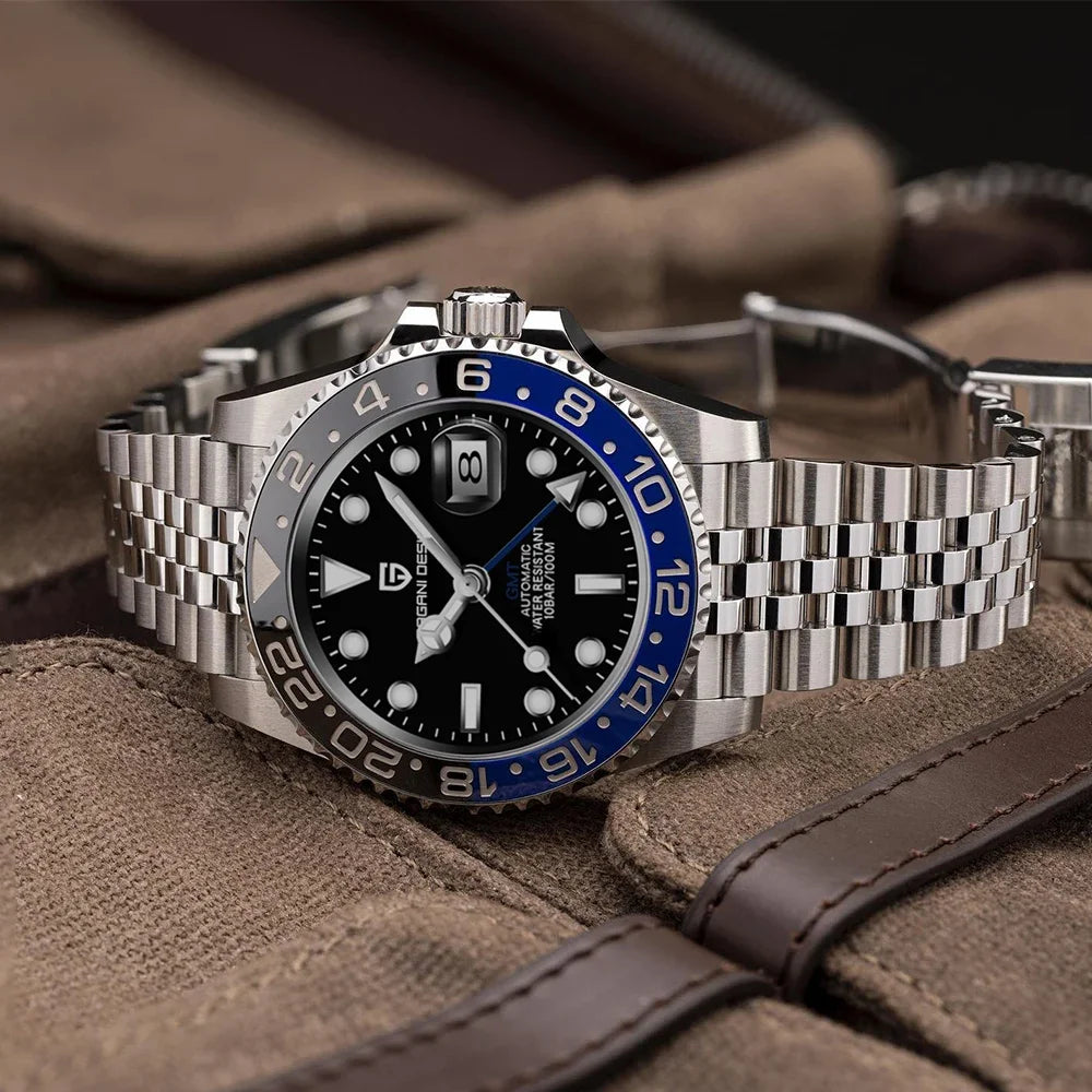 Relógio Automático Masculino Luxo GMT Vidro Safira