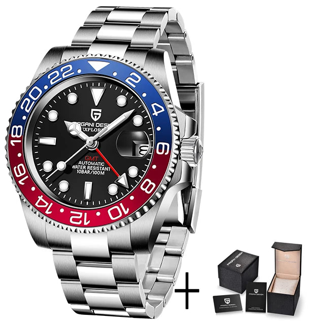 Relógio Automático Masculino Luxo GMT Vidro Safira