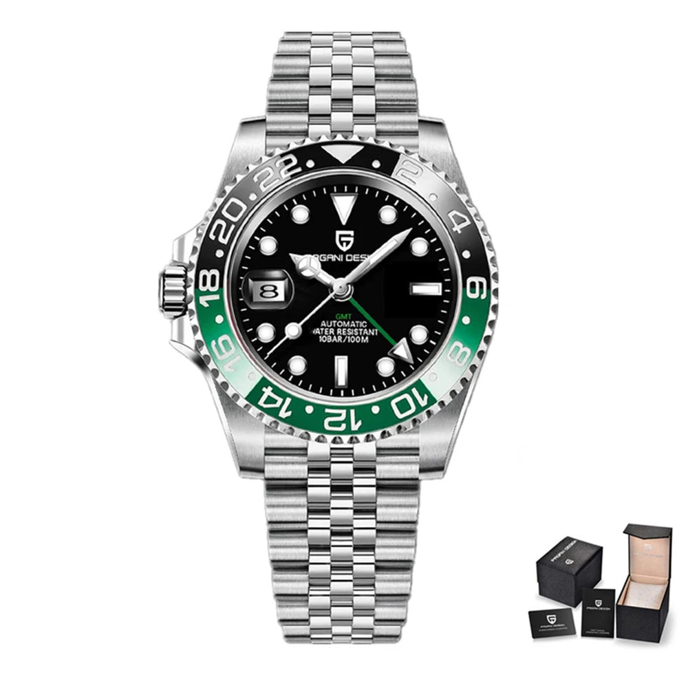 Relógio Automático Masculino Luxo GMT Vidro Safira