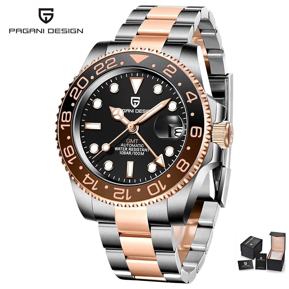 Relógio Automático Masculino Luxo GMT Vidro Safira