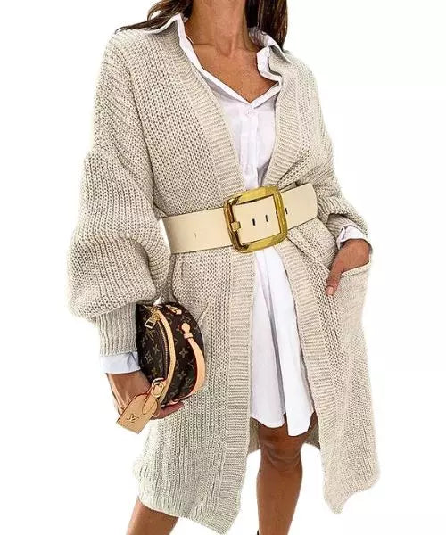 Suéter Feminino de Malha Cardigan Manga Lanterna
