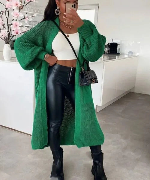 Suéter Feminino de Malha Cardigan Manga Lanterna