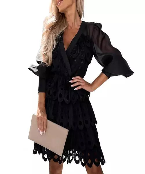 Vestido Feminino Curto Várias Camadas Manga Lanterna