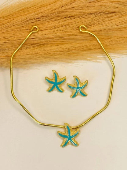 Colar Gargantilha+ Brincos Estrela do Mar Folheados a Ouro 18K