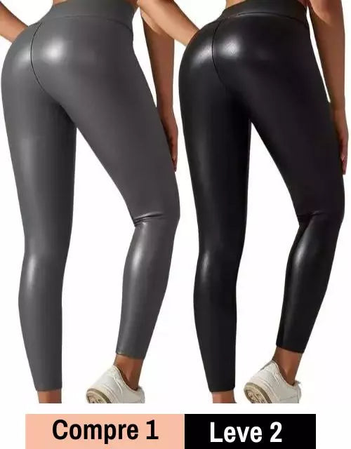 Calça Feminina Justa Legging Couro Sintético - 2 Peças