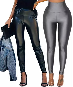 Calça Feminina Justa Legging Couro Sintético - 2 Peças