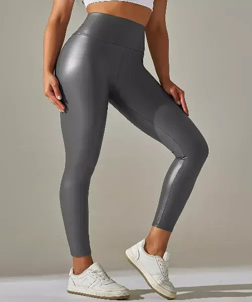 Calça Feminina Justa Legging Couro Sintético - 2 Peças