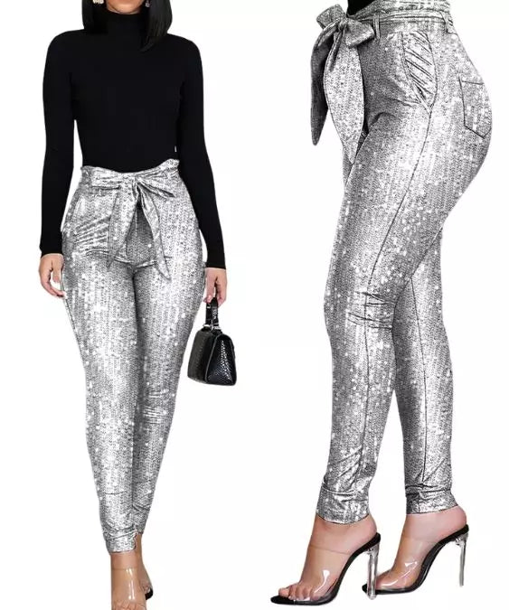 Calça Feminina Lápis Cintura Alta  com Lantejoulas
