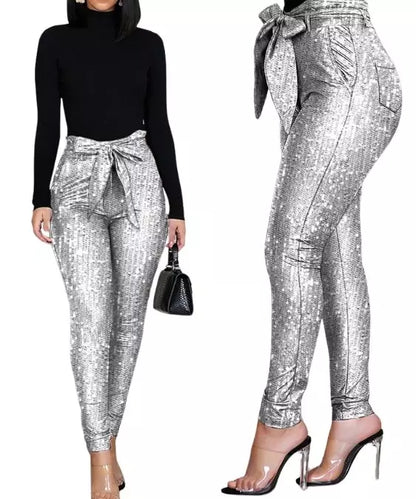 Calça Feminina Lápis Cintura Alta  com Lantejoulas