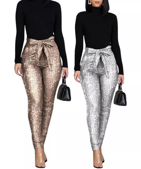 Calça Feminina Lápis Cintura Alta  com Lantejoulas