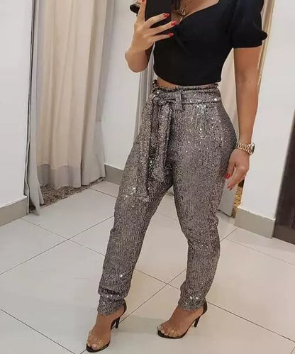 Calça Feminina Lápis Cintura Alta  com Lantejoulas