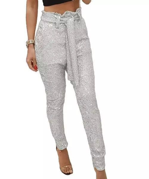 Calça Feminina Lápis Cintura Alta  com Lantejoulas