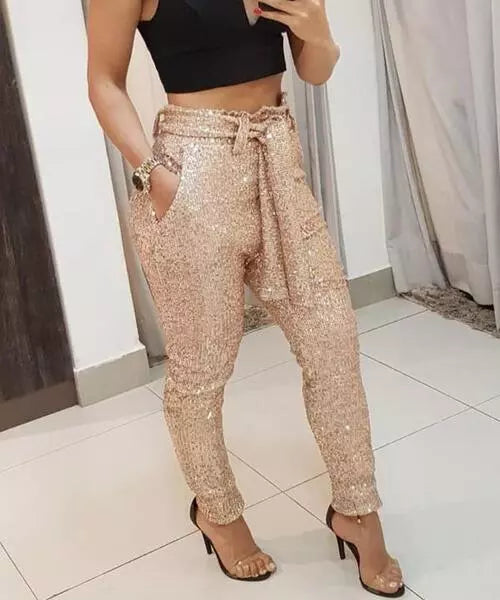 Calça Feminina Lápis Cintura Alta  com Lantejoulas