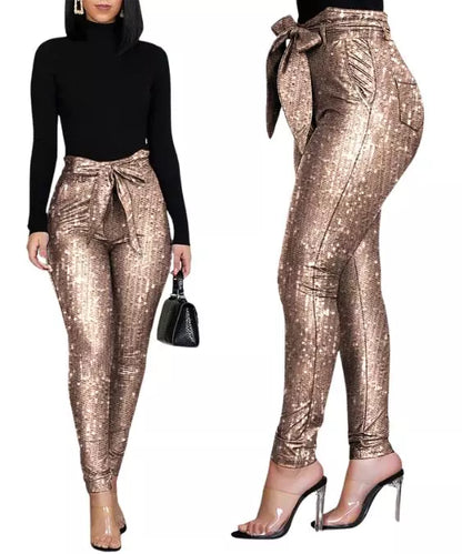 Calça Feminina Lápis Cintura Alta  com Lantejoulas
