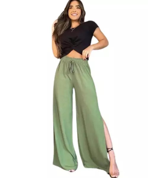 Calça Feminina Pantalona com Fenda Lateral - 2 Peças