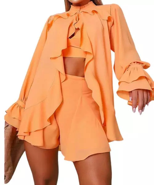 Conjunto Feminino Blusa com Babado Manga Comprida e Shorts Soltinho 2 Peças
