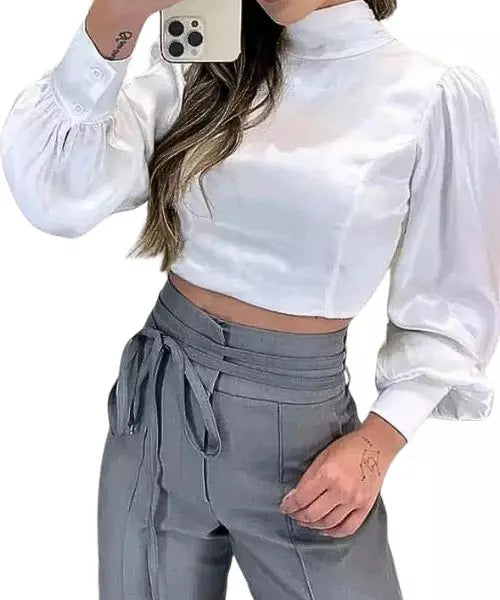 Conjunto Feminino Cropped Manga Lanterna e Calça com Cordão