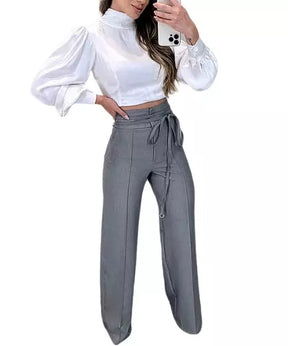 Conjunto Feminino Cropped Manga Lanterna e Calça com Cordão