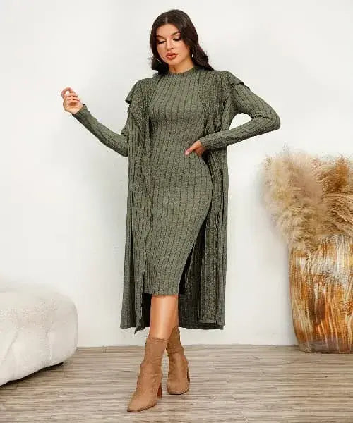 Conjunto Feminino Vestido Midi e Cardigan Manga Longa