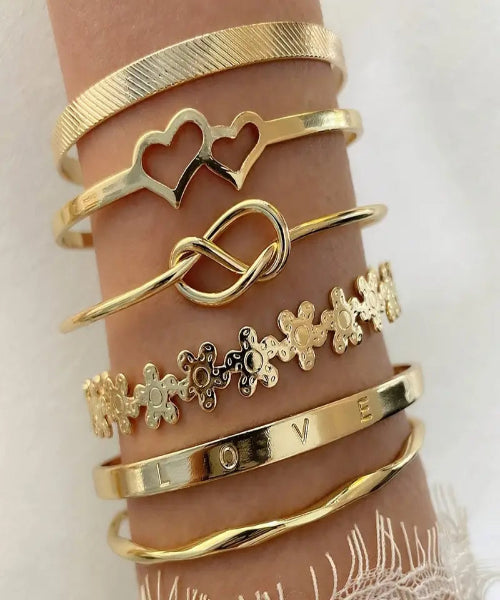 Conjunto de Pulseiras Vintage Douradas Ajustáveis - 6 peças