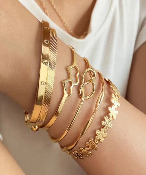 Conjunto de Pulseiras Vintage Douradas Ajustáveis - 6 peças