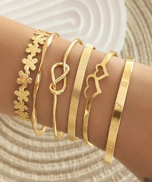 Conjunto de Pulseiras Vintage Douradas Ajustáveis - 6 peças