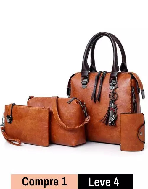 Kit Bolsa Feminina 4 peças Couro Sintético Bolsa de Ombro + Carteira + 2 Bolsas