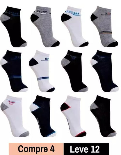 Kit  Meia Soquete Sport Adulto Masculino 12 Pares em Cores Sortidas Cano Curto