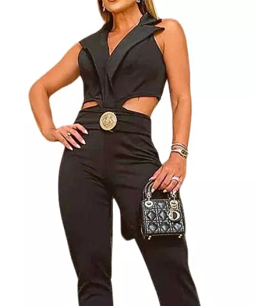 Macacão Feminino Preto sem Manga Calça Lápis