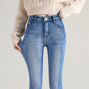 Calça Feminina Jeans de Stretch Forrada com Pelúcia para Inverno