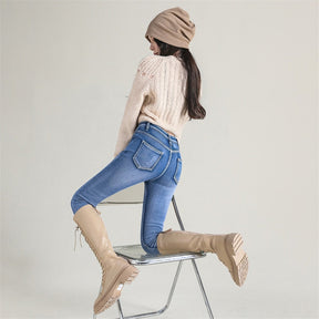 Calça Feminina Jeans de Stretch Forrada com Pelúcia para Inverno