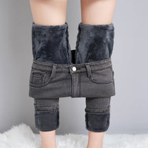 Calça Feminina Jeans de Stretch Forrada com Pelúcia para Inverno