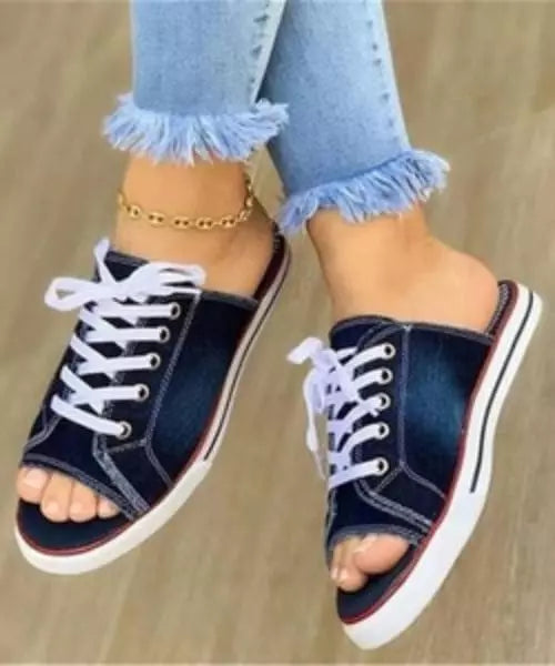 Sandália Feminina Flat Chinelo com Cadarço Jeans
