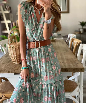 Vestido Longo Floral Decote em V com Cinto