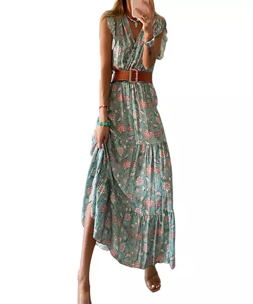 Vestido Longo Floral Decote em V com Cinto