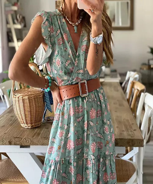 Vestido Longo Floral Decote em V com Cinto