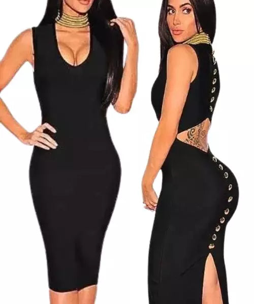 Vestido Feminino Justo Midi Decote nas Costas